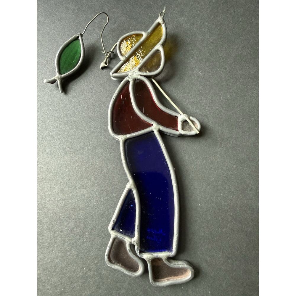 Vintage Stained Glass Fisherman Suncatcher Ornament Coastal Metal Frame 7”